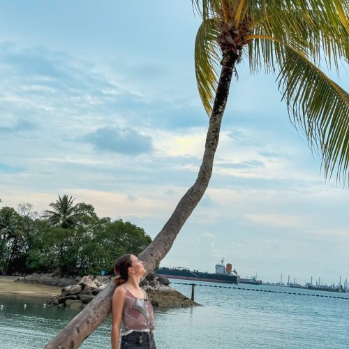 sentosa-island-mytravelgram κορίτσι πάνω σε φοίνικα στο νησί Σεντόσα