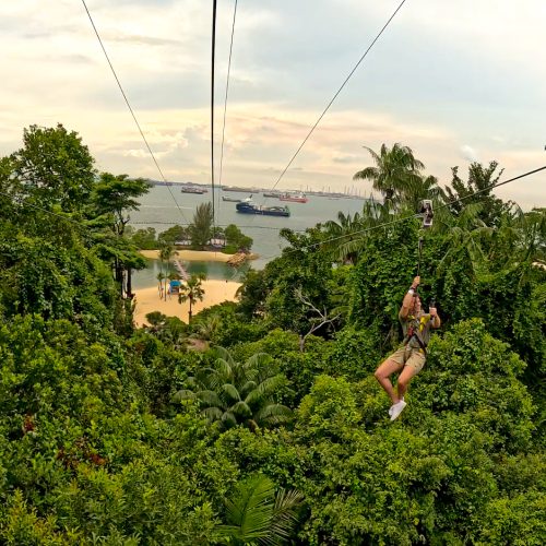 Screenshot αγόρι κάνει zip line πάνω απο το νησί Σεντόσα στη Σιγκαπούρη